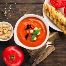Roasted Red Pepper And Vine Tomato Soup With Thyme Croutons