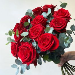 12 RED ROSES & EUCALYPTUS HAND TIED BOUQUET