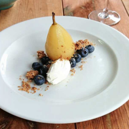 VANILLA POACHED PEARS WITH MASCARPONE, BLUEBERRIES AND GRANOLA CRUMB