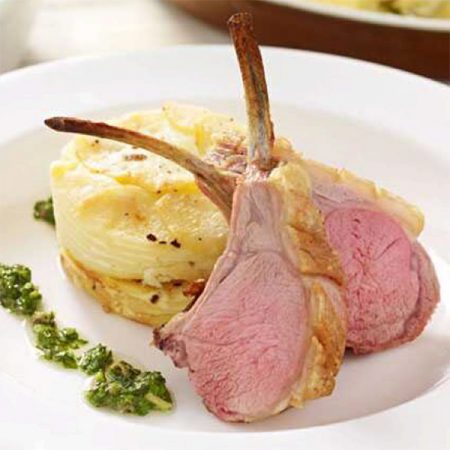 RACK OF LAMB WITH SALSA VERDE AND POMME DAUPHINOISE